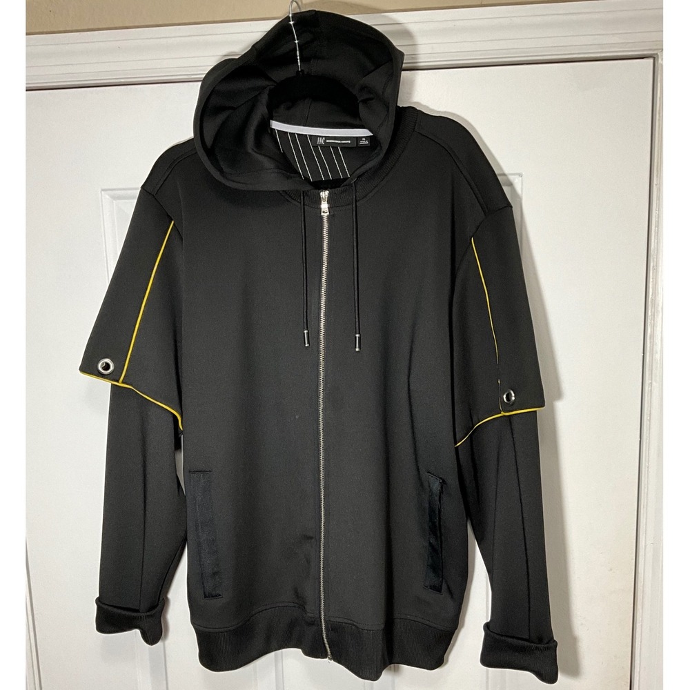 INC International Concepts Mens XL Black Full Zip Hoodie Yellow Piping Stripes